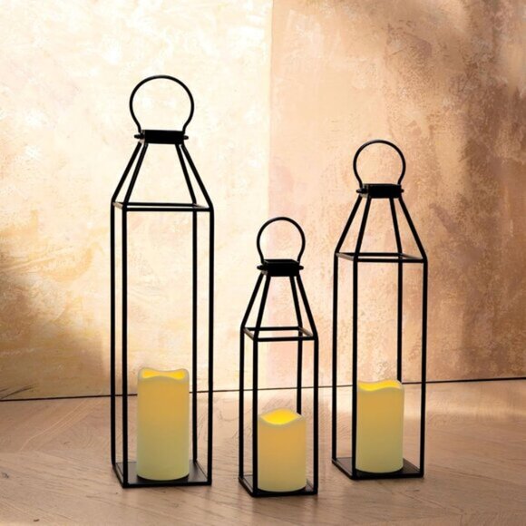 New Set of 3 Black Metal Lanterns Flameless Candle & Remote Timer for Home Decor - Picture 1 of 9